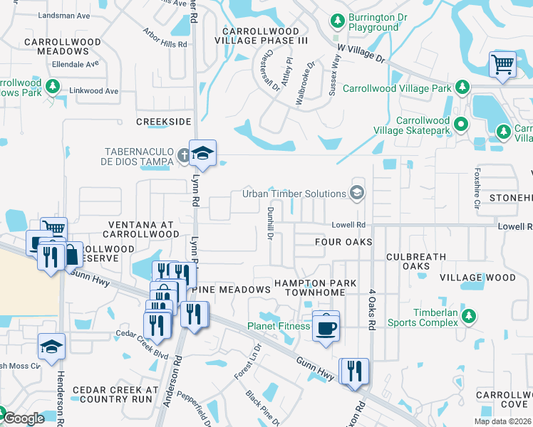 map of restaurants, bars, coffee shops, grocery stores, and more near 12808 Dunhill Drive in Tampa