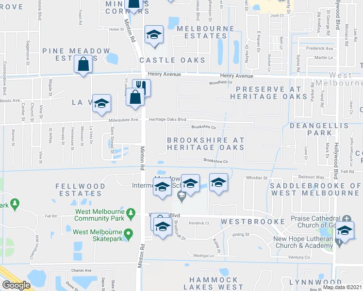 map of restaurants, bars, coffee shops, grocery stores, and more near 1801 Brookshire Circle in West Melbourne