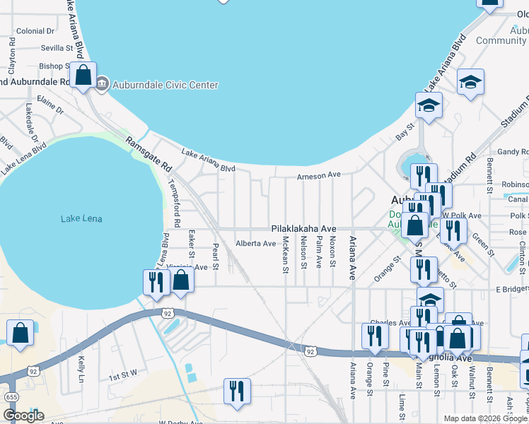 map of restaurants, bars, coffee shops, grocery stores, and more near 110 Davis Street in Auburndale