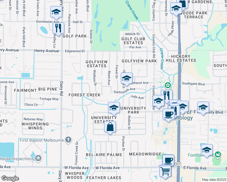 map of restaurants, bars, coffee shops, grocery stores, and more near 608 Dartmouth Avenue in Melbourne