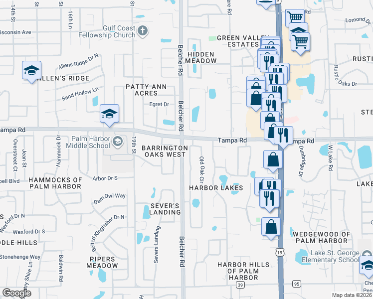 map of restaurants, bars, coffee shops, grocery stores, and more near 182 Sheffield Circle West in Palm Harbor