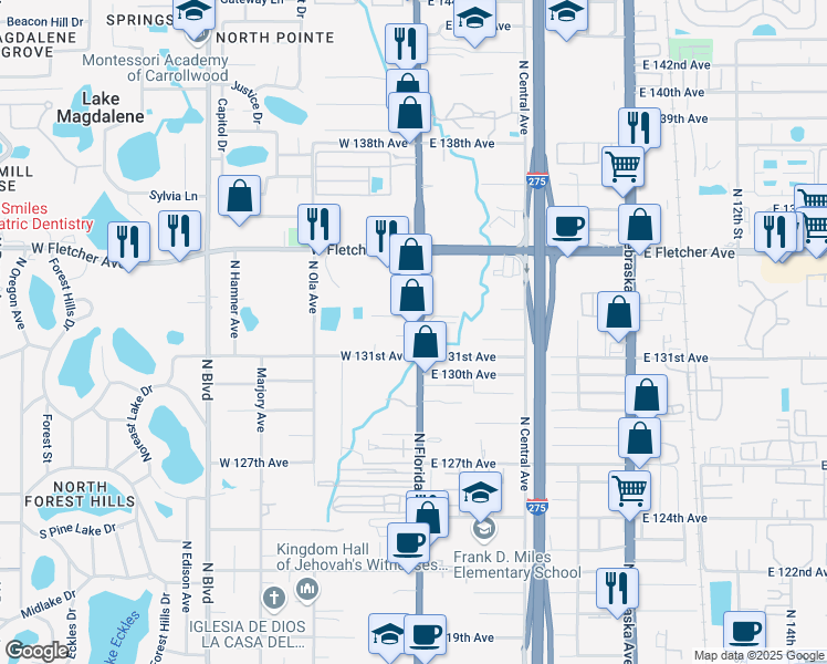 map of restaurants, bars, coffee shops, grocery stores, and more near 13112 North Florida Avenue in Tampa
