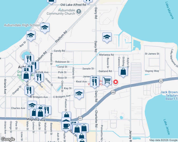 map of restaurants, bars, coffee shops, grocery stores, and more near 418 Senate Street in Auburndale