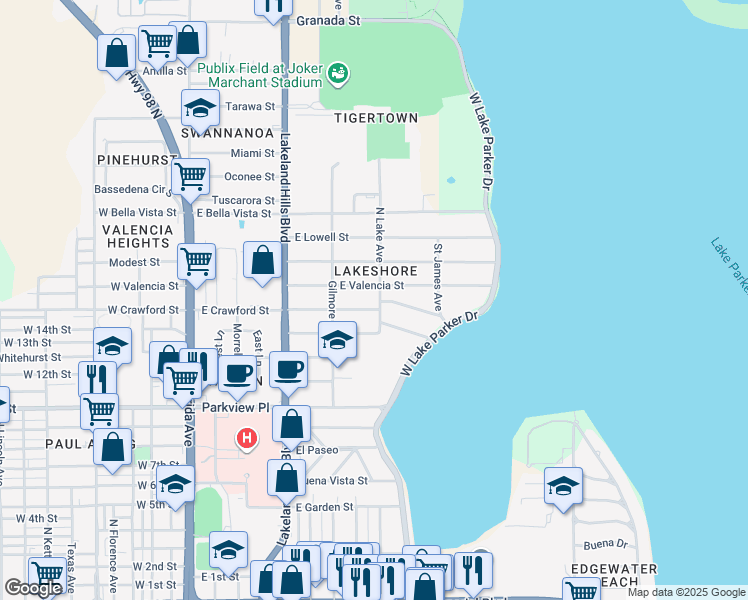 map of restaurants, bars, coffee shops, grocery stores, and more near 1610 North Lake Avenue in Lakeland