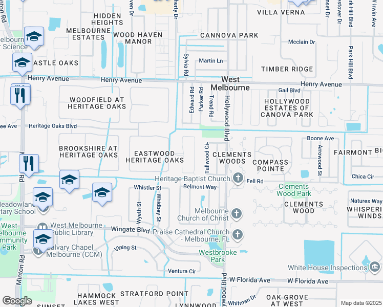 map of restaurants, bars, coffee shops, grocery stores, and more near 1991 Lune Court in West Melbourne