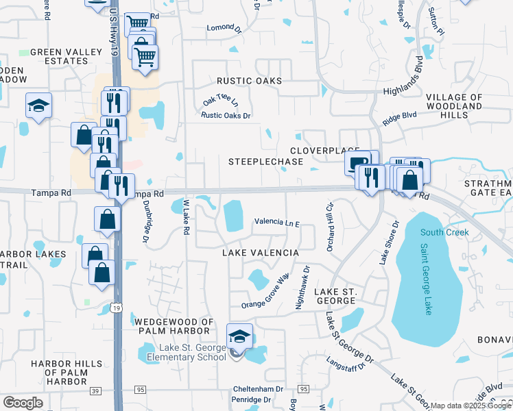 map of restaurants, bars, coffee shops, grocery stores, and more near 2960 Tampa Road in Palm Harbor