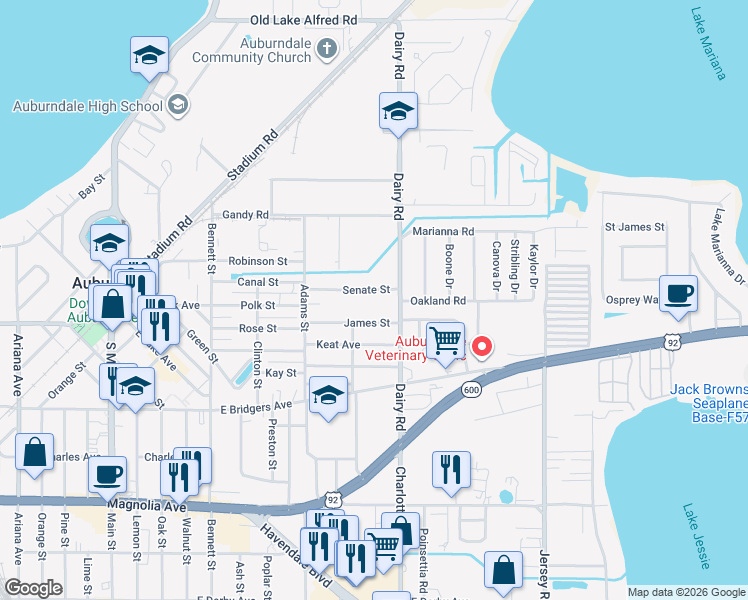 map of restaurants, bars, coffee shops, grocery stores, and more near 418 Senate Street in Auburndale