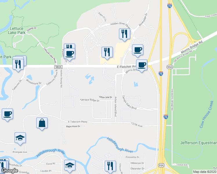map of restaurants, bars, coffee shops, grocery stores, and more near 8513 Lucuya Way in Tampa