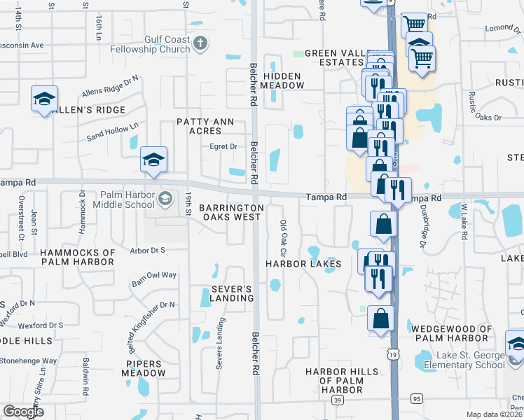 map of restaurants, bars, coffee shops, grocery stores, and more near 182 Sheffield Circle West in Palm Harbor