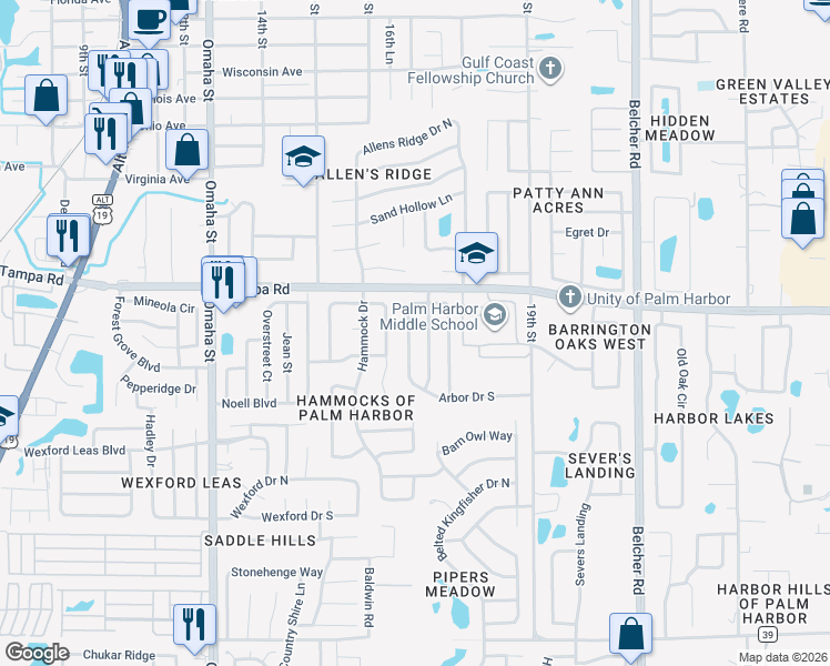 map of restaurants, bars, coffee shops, grocery stores, and more near 209 Arbor Drive West in Palm Harbor
