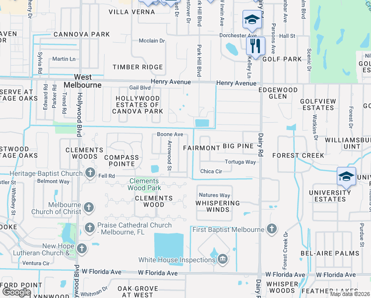 map of restaurants, bars, coffee shops, grocery stores, and more near 431 Buffalo Street in West Melbourne