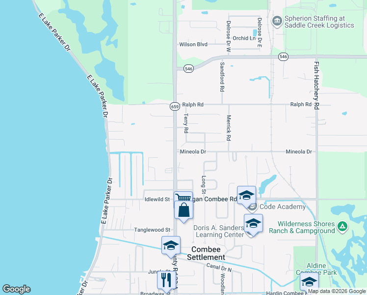 map of restaurants, bars, coffee shops, grocery stores, and more near 1607 Terry Road in Lakeland