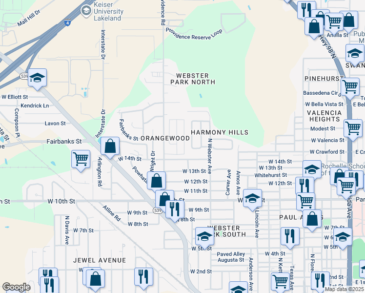 map of restaurants, bars, coffee shops, grocery stores, and more near 1626 Blossom Circle East in Lakeland