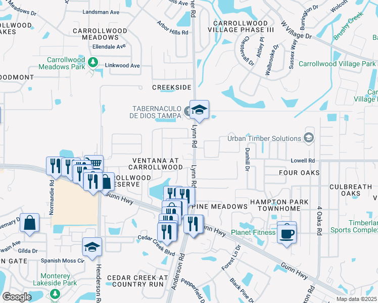 map of restaurants, bars, coffee shops, grocery stores, and more near 13106 Lynn Road in Tampa
