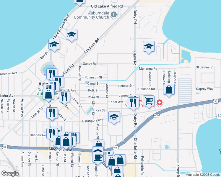 map of restaurants, bars, coffee shops, grocery stores, and more near 307 Congress Avenue in Auburndale