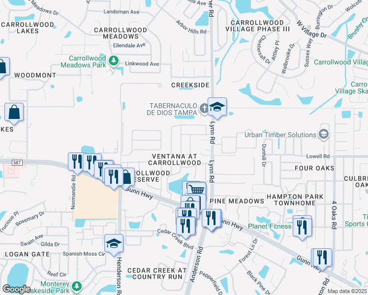 map of restaurants, bars, coffee shops, grocery stores, and more near 12905 Lake Ventana Drive in Tampa