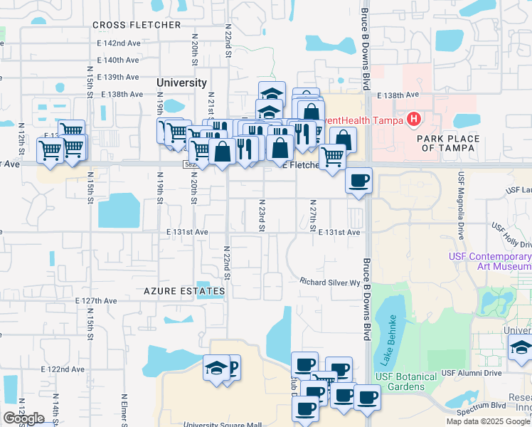map of restaurants, bars, coffee shops, grocery stores, and more near 13119 North 23rd Street in Tampa
