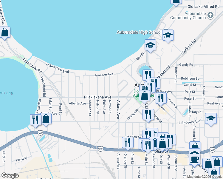 map of restaurants, bars, coffee shops, grocery stores, and more near 119 Noxon Street in Auburndale