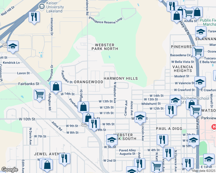 map of restaurants, bars, coffee shops, grocery stores, and more near 1671 Bayview Drive in Lakeland
