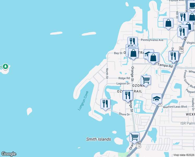 map of restaurants, bars, coffee shops, grocery stores, and more near 240 Shore Drive in Palm Harbor