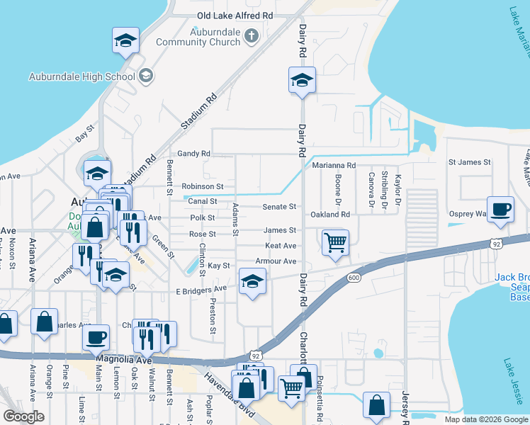 map of restaurants, bars, coffee shops, grocery stores, and more near 402 Senate Street in Auburndale