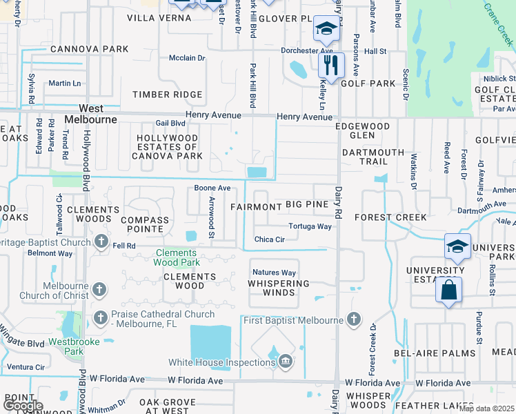map of restaurants, bars, coffee shops, grocery stores, and more near 3272 Chica Circle in West Melbourne
