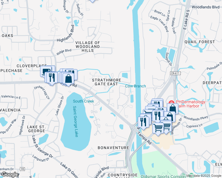 map of restaurants, bars, coffee shops, grocery stores, and more near 2989 Elder Court in Palm Harbor