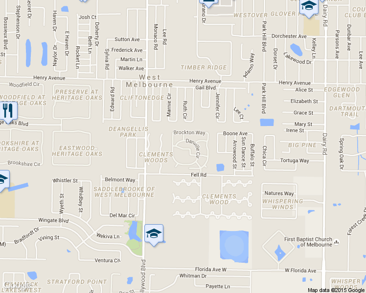 map of restaurants, bars, coffee shops, grocery stores, and more near 636 Rochester Drive in West Melbourne