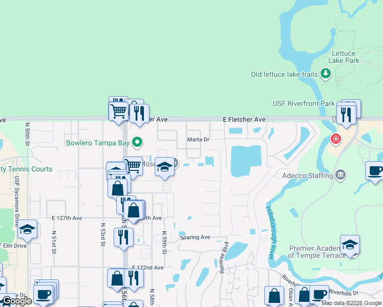 map of restaurants, bars, coffee shops, grocery stores, and more near 5916 Jenny Drive in Tampa