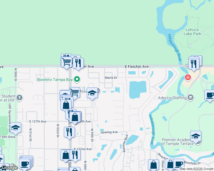 map of restaurants, bars, coffee shops, grocery stores, and more near 5916 Jenny Drive in Tampa