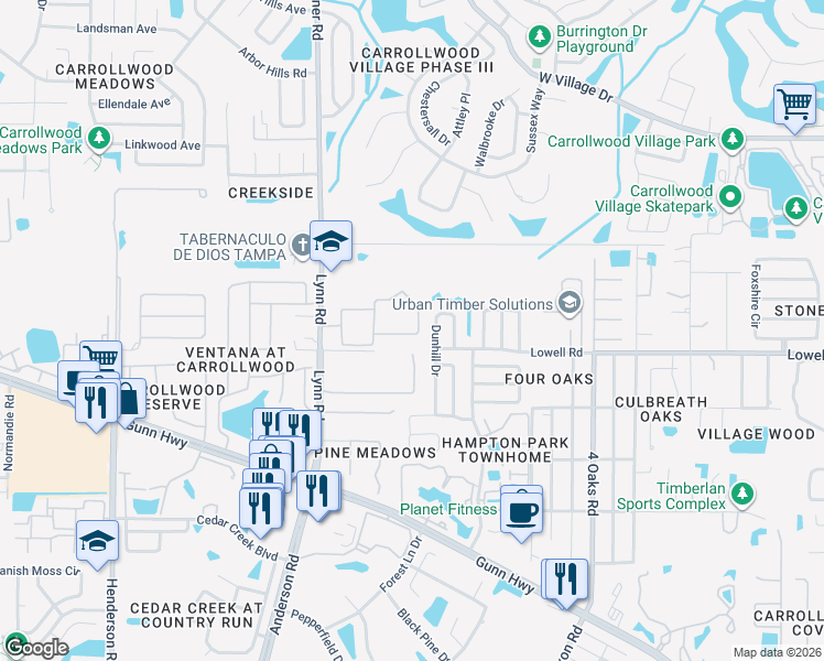 map of restaurants, bars, coffee shops, grocery stores, and more near 12808 Dunhill Drive in Tampa