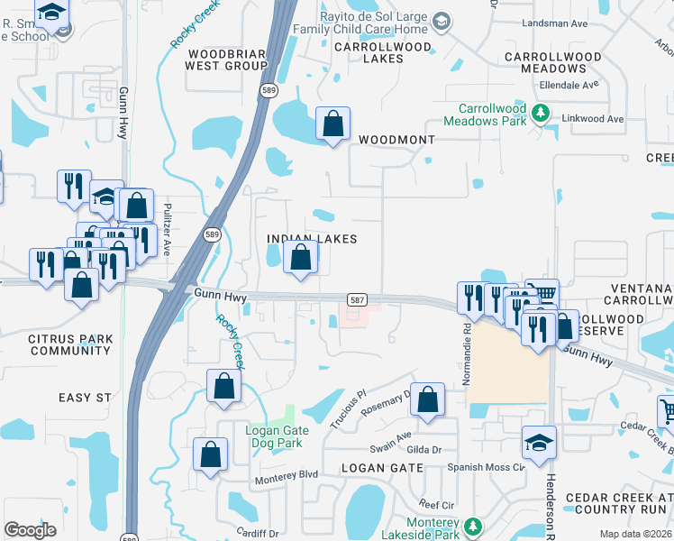 map of restaurants, bars, coffee shops, grocery stores, and more near 13540 Bellingham Drive in Tampa