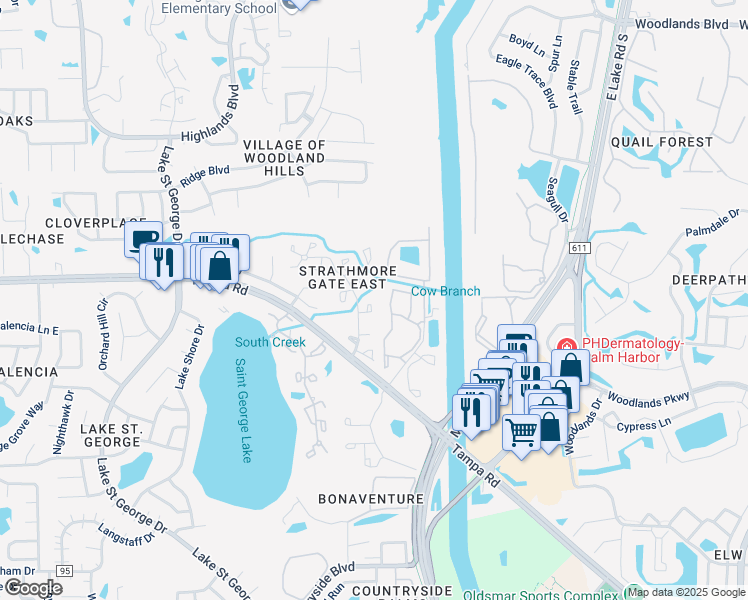 map of restaurants, bars, coffee shops, grocery stores, and more near 2989 Elder Court in Palm Harbor