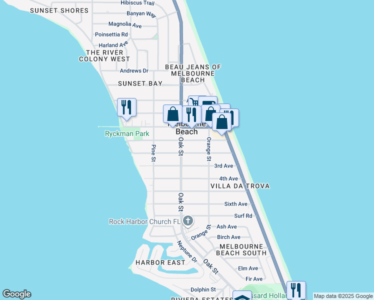 map of restaurants, bars, coffee shops, grocery stores, and more near 320 2nd Avenue in Melbourne Beach
