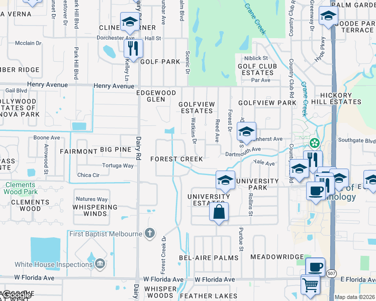 map of restaurants, bars, coffee shops, grocery stores, and more near 830 Spring Oak Drive in Melbourne