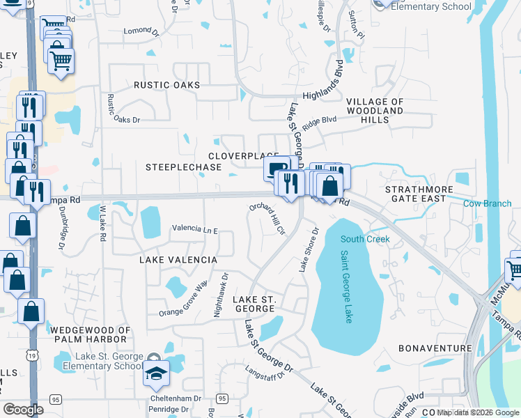 map of restaurants, bars, coffee shops, grocery stores, and more near 3963 Orchard Hill Circle in Palm Harbor