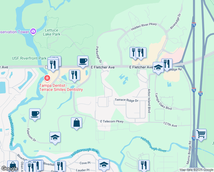 map of restaurants, bars, coffee shops, grocery stores, and more near 13215 Sanctuary Cove Drive in Temple Terrace