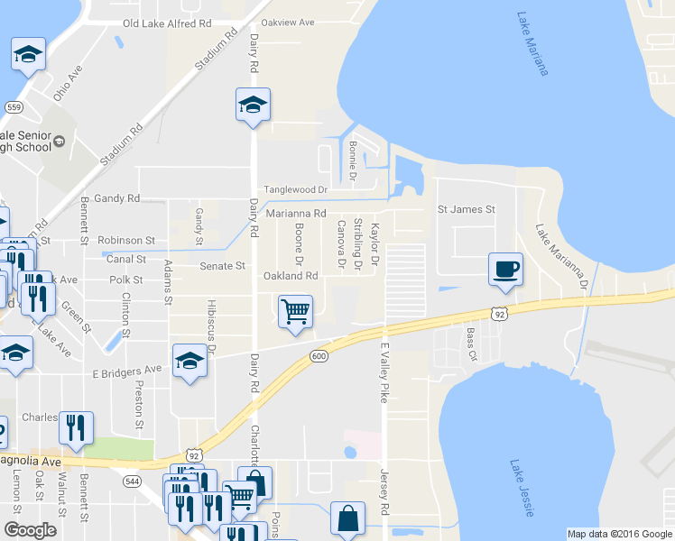 map of restaurants, bars, coffee shops, grocery stores, and more near 601 Oakland Road in Auburndale
