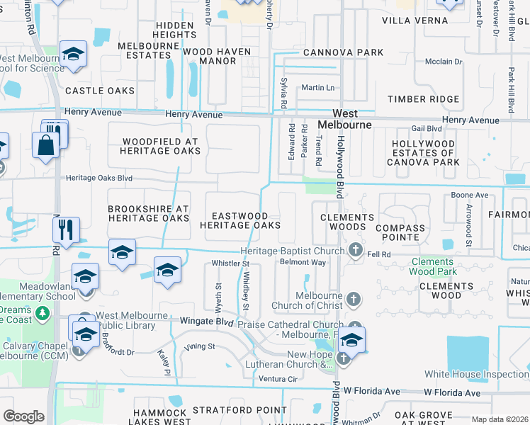 map of restaurants, bars, coffee shops, grocery stores, and more near 2128 Maeve Circle in West Melbourne