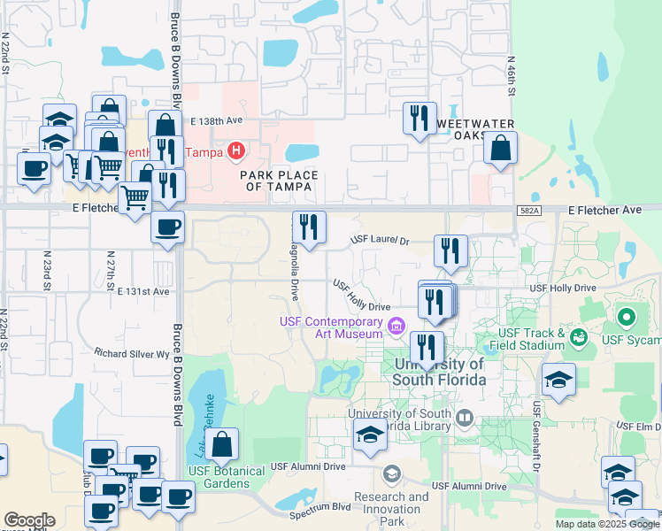 map of restaurants, bars, coffee shops, grocery stores, and more near 13325 USF Laurel Drive in Tampa