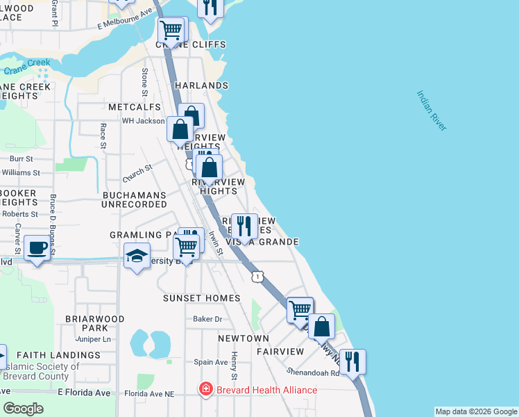 map of restaurants, bars, coffee shops, grocery stores, and more near 1480 Roosevelt Avenue in Melbourne