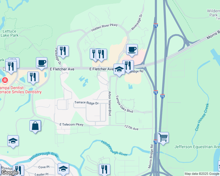 map of restaurants, bars, coffee shops, grocery stores, and more near Arbor Island Boulevard in Temple Terrace