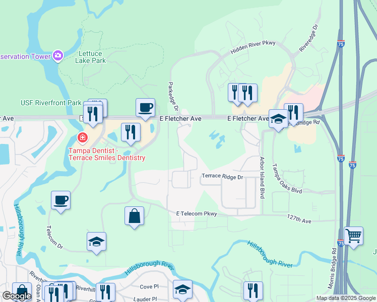 map of restaurants, bars, coffee shops, grocery stores, and more near 13213 Sanctuary Cove Drive in Temple Terrace