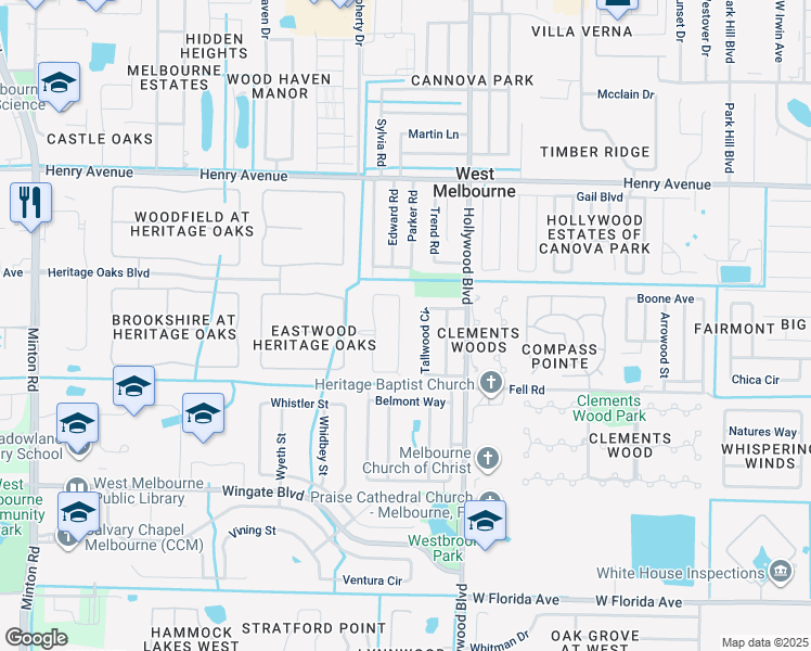 map of restaurants, bars, coffee shops, grocery stores, and more near 1991 Lune Court in West Melbourne