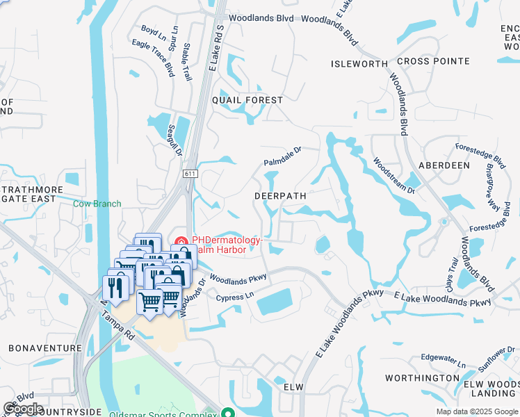 map of restaurants, bars, coffee shops, grocery stores, and more near 390 Holly Hill Road in Oldsmar