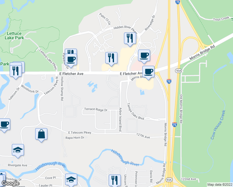 map of restaurants, bars, coffee shops, grocery stores, and more near 8513 Lucuya Way in Tampa
