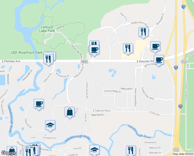 map of restaurants, bars, coffee shops, grocery stores, and more near 13205 Sanctuary Cove Drive in Temple Terrace