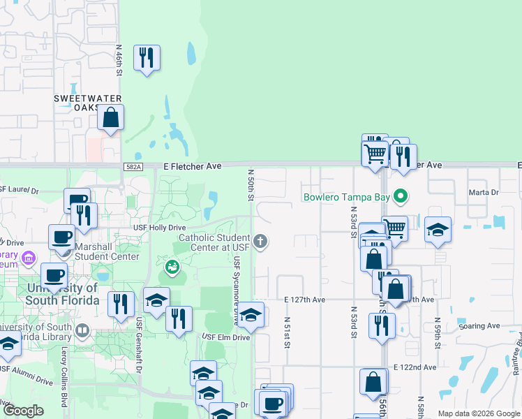 map of restaurants, bars, coffee shops, grocery stores, and more near 5009 Excellence Boulevard in Tampa