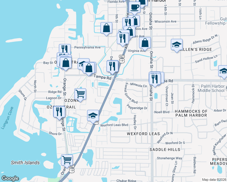 map of restaurants, bars, coffee shops, grocery stores, and more near in Palm Harbor