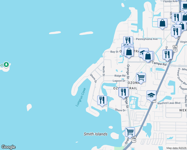 map of restaurants, bars, coffee shops, grocery stores, and more near 240 Shore Drive in Palm Harbor